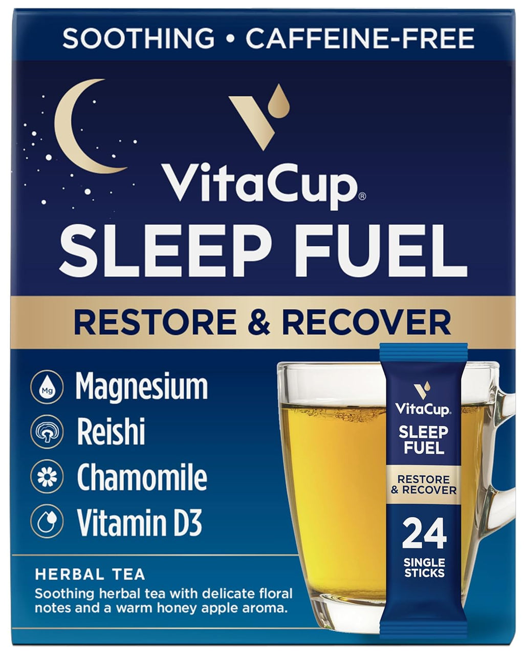VitaCup Sleep Fuel Instant Tea Packets for Deep REM Sleep, Relax & De-Stress w/Chamomile, Magnesium, Vitamin D3, Coconut Water, Coconut Milk, Potassium, Calming for Full Body Relaxation, 24Ct