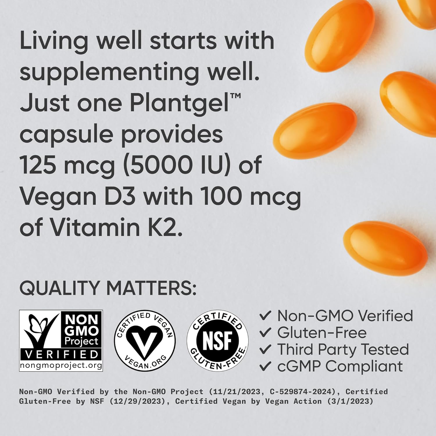 Sports Research® Vitamin D3 + K2 w/Coconut MCT Oil - Vegan D 5000iu (125mcg) & Vitamin K2 as MK7 100mcg - Vegan Certified · Non-GMO · Gluten & Soy Free - 60 Softgels