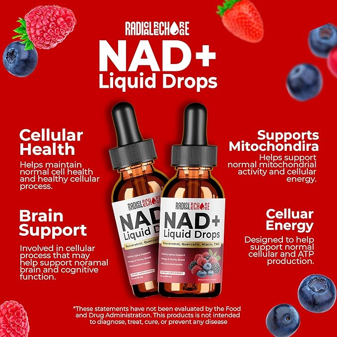NAD+ Liquid Drops – with Resveratrol, Quercetin, Niacin & TMG – 10-in-1 Nutrient Support Formula for Cellular Energy & Wellness – Mixed Berry Flavor – 2 fl oz
