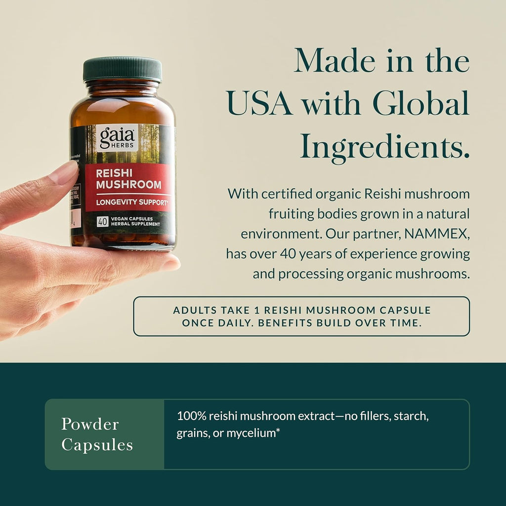 Gaia Herbs Reishi Mushroom - Helps Maintain a Healthy Immune System & Supports Heart Health - Adaptogen Herbal Supplement for Longevity Support - 40 Vegan Liquid Phyto-Capsules (40-Day Supply)