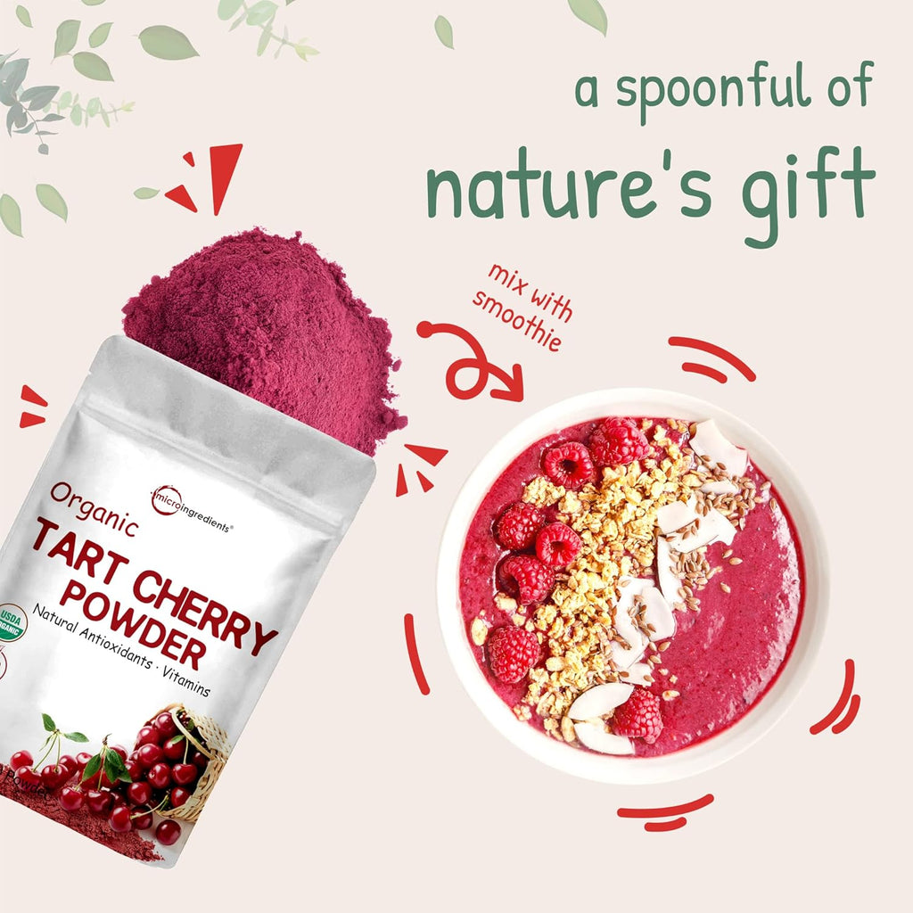 Organic Tart Cherry powder, 4oz | 100% Natural Fruit Powder | US Grown Tart Cherries Source | No Sugar & Additives | Great Flavor for Drinks, Smoothie, & Beverages | Non-GMO & Vegan Friendly