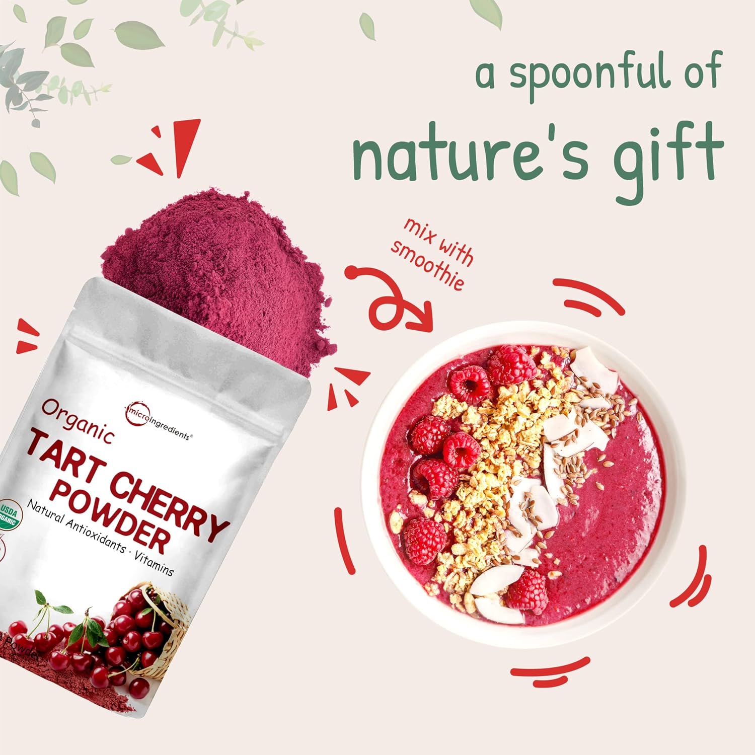 Organic Tart Cherry powder, 4oz | 100% Natural Fruit Powder | US Grown Tart Cherries Source | No Sugar & Additives | Great Flavor for Drinks, Smoothie, & Beverages | Non-GMO & Vegan Friendly