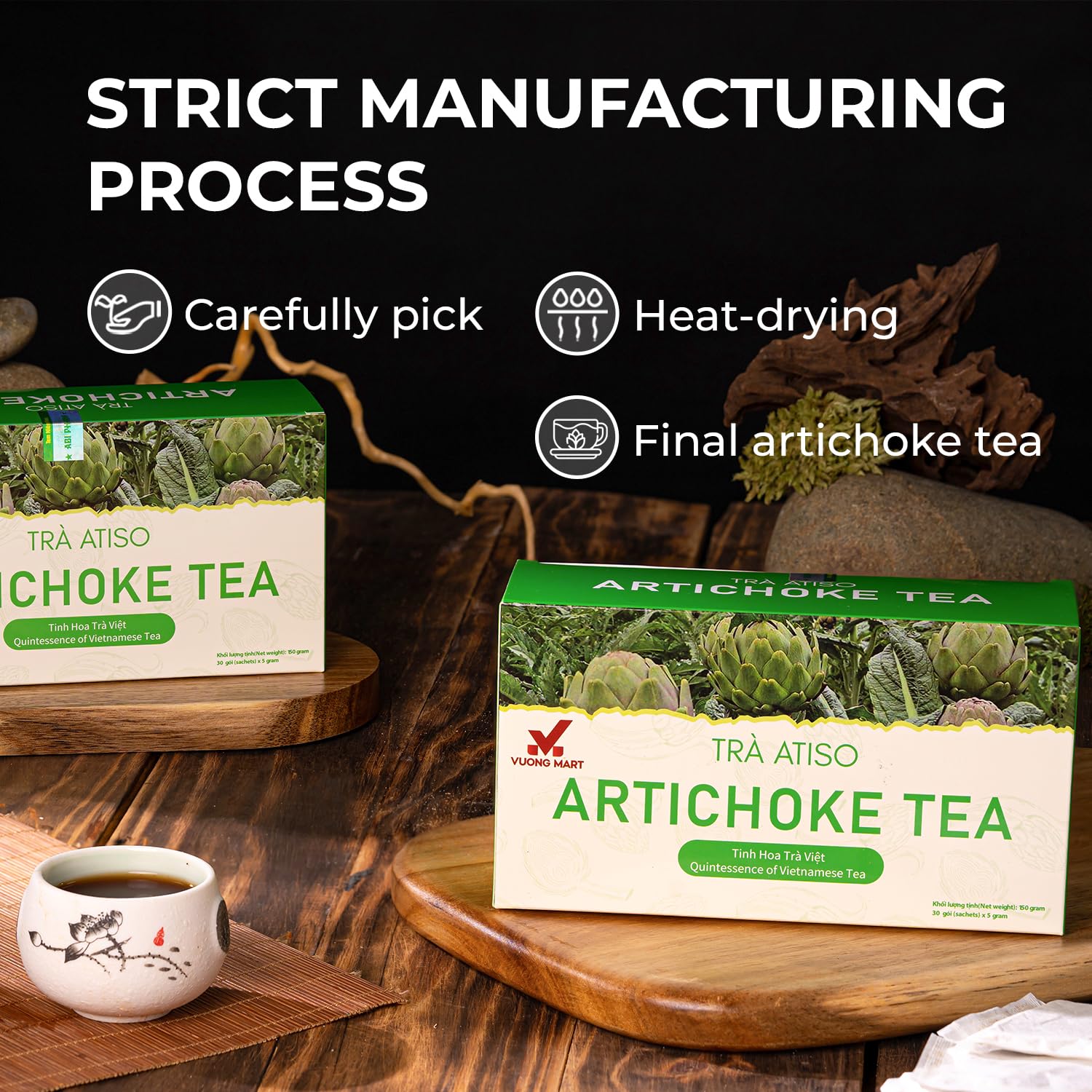 VUONGMART Artichoke Flower Tea, 100% Hand Pick, Stevia, Ming Aralia, Organic Herbal Tea, 30 Tea Bags, Gluten Free, Dairy Free, Sugar Free & Natural, Energy Boost & Health Support