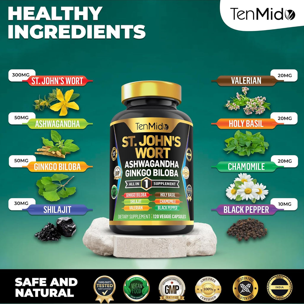 St.John's Wort Supplement - 8in1 Formula - Combine with Ashwagandha, Ginkgo Biloba, Shilajit, Valerian, Holy Basil, Chamomile, and Black Pepper - 120 Vegan Capsules for 4 Months Supply