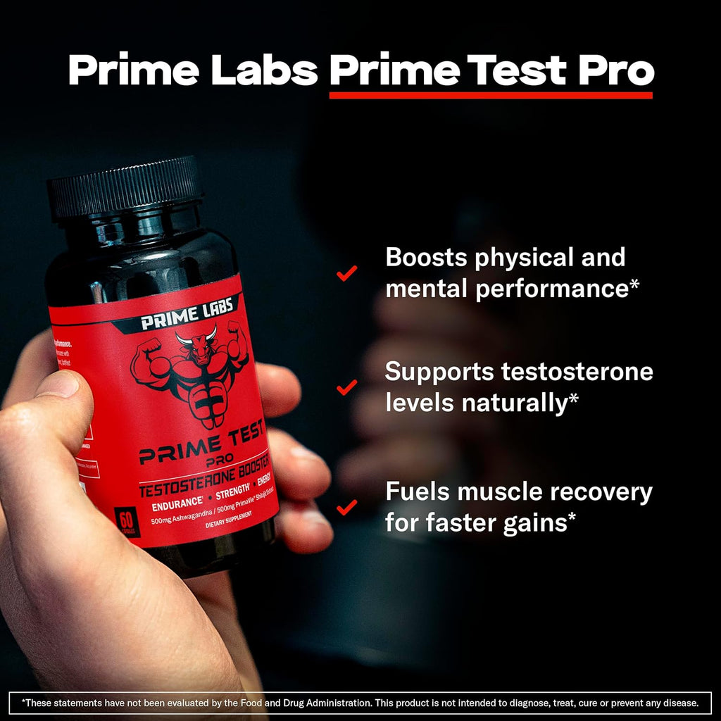 Prime Labs Prime Test Pro - Testosterone Supplement for Men - Test, Vitality, & Energy Booster - with Ashwagandha, PrimaVie Shilajit Extract, & DIM - 60 Capsules