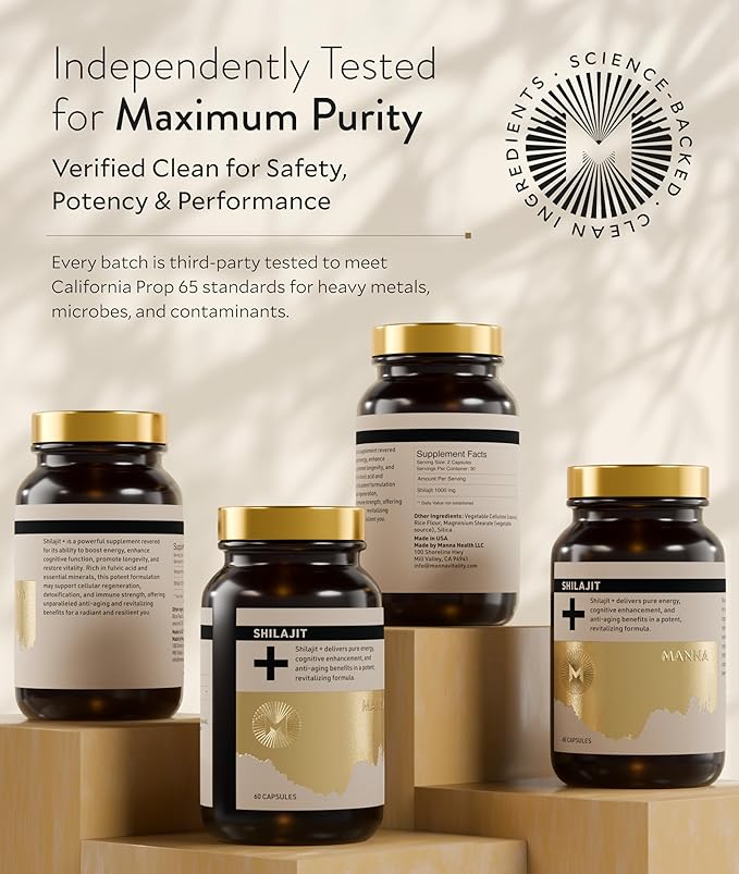 Manna Vitality Shilajit+ Capsules | 1000mg Purified Himalayan Shilajit Resin Supplement | Highest Bioavailability | Energy, Performance, Detox, Vitality, Mental Clarity & Cognitive Support | 60 Count