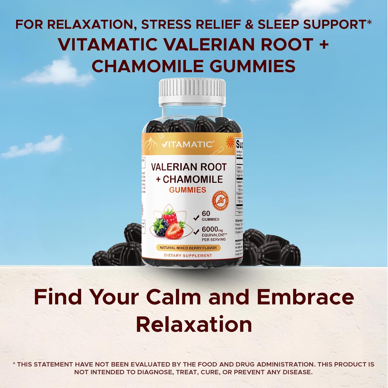 Vitamatic Valerian Root Chamomile Gummies – 6000 mg Equivalent Per Serving – Mixed Berry Flavor – 60 Gummies – Non-GMO, Gluten-Free – 30 Servings