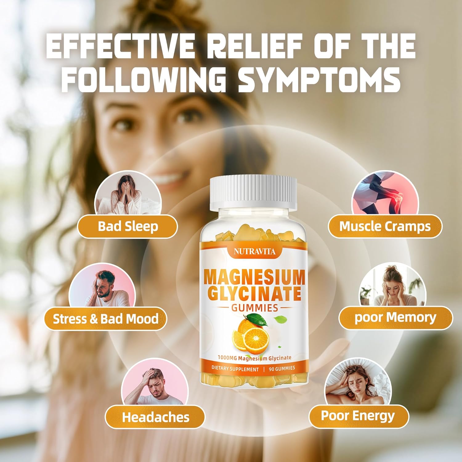 Magnesium Glycinate Gummies 1000mg with Magnesium L-Threonate,Chelated Magnesium Potassium Complex Supplement with VitD, B6, CoQ10, Calcium,Supports for Memory, Calm, Mood - 90 Gummies Orange