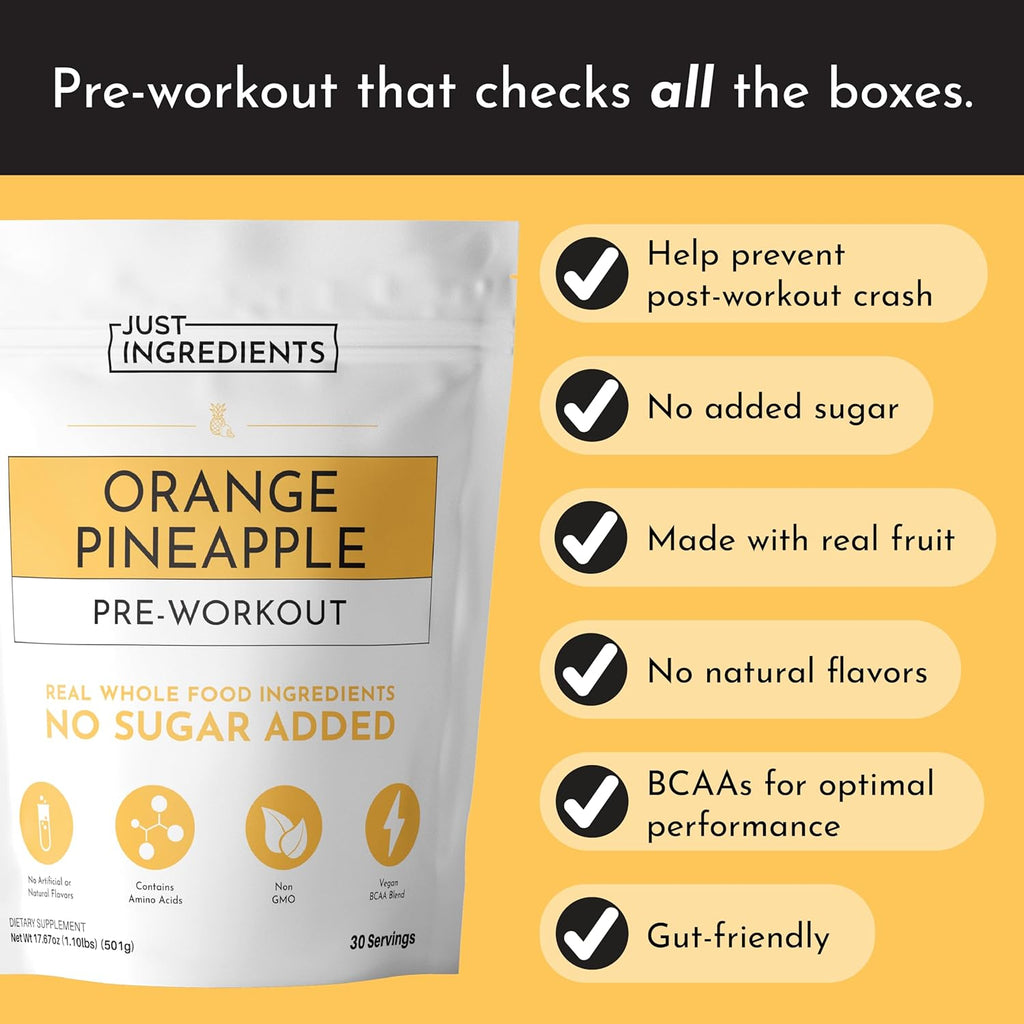 JUST INGREDIENTS Pre-Workout – Orange Pineapple| 30 Servings, BCAA Blend, Beta Alanine, Citrulline Malate, Ginseng, Maca Root, Taurine| Supports Energy, Focus & Endurance