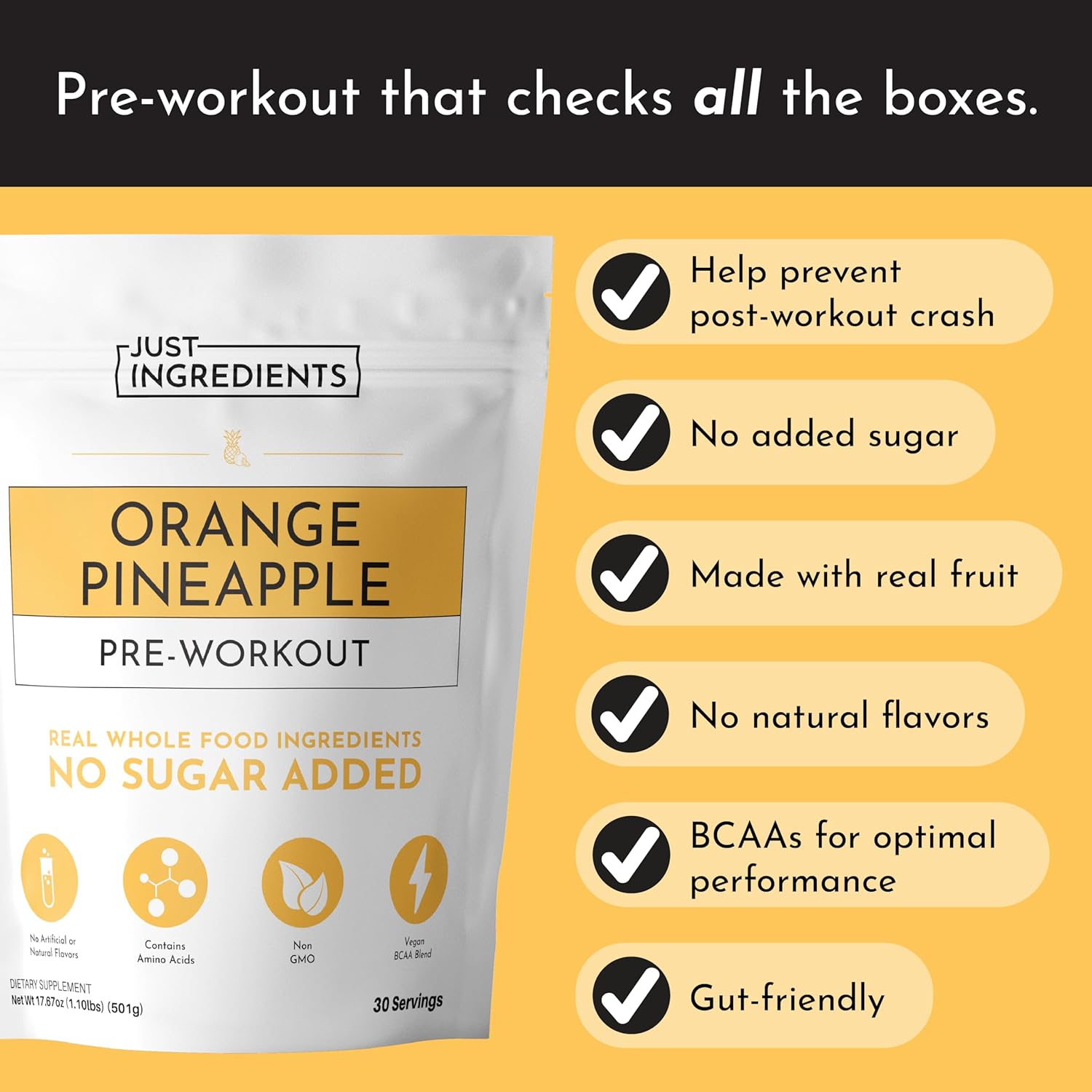 JUST INGREDIENTS Pre-Workout – Orange Pineapple| 30 Servings, BCAA Blend, Beta Alanine, Citrulline Malate, Ginseng, Maca Root, Taurine| Supports Energy, Focus & Endurance
