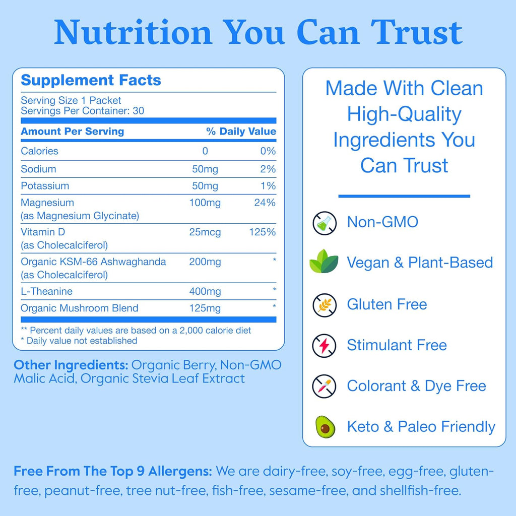 Nectar Calm Magnesium Glycinate Drink Mix - Sugar Free & Zero Calorie - with Organic Ashwagandha, Vitamin D, L-Theanine, Hydrating Electrolytes - Relax, Focus & Calm - Non-GMO (Berry 30 Sticks)