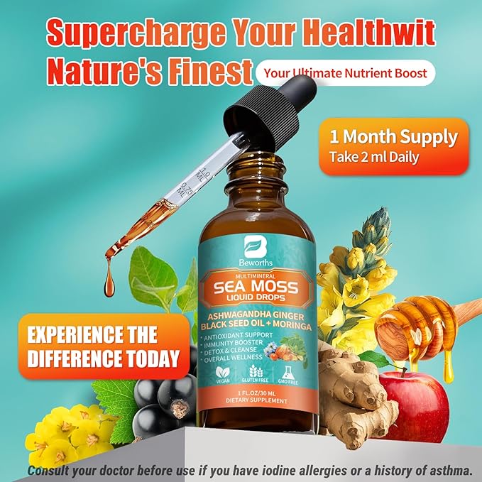 3Pack Sea Moss Drops - Irish Sea Moss Chlorophyll Liquid with Black Seed Oil, Ashwagandha, Moringa, Turmeric, Elderberry, Mullein, Seamoss Gel Supplement for Liver Cleaner, Detox & Gut, Immune Support