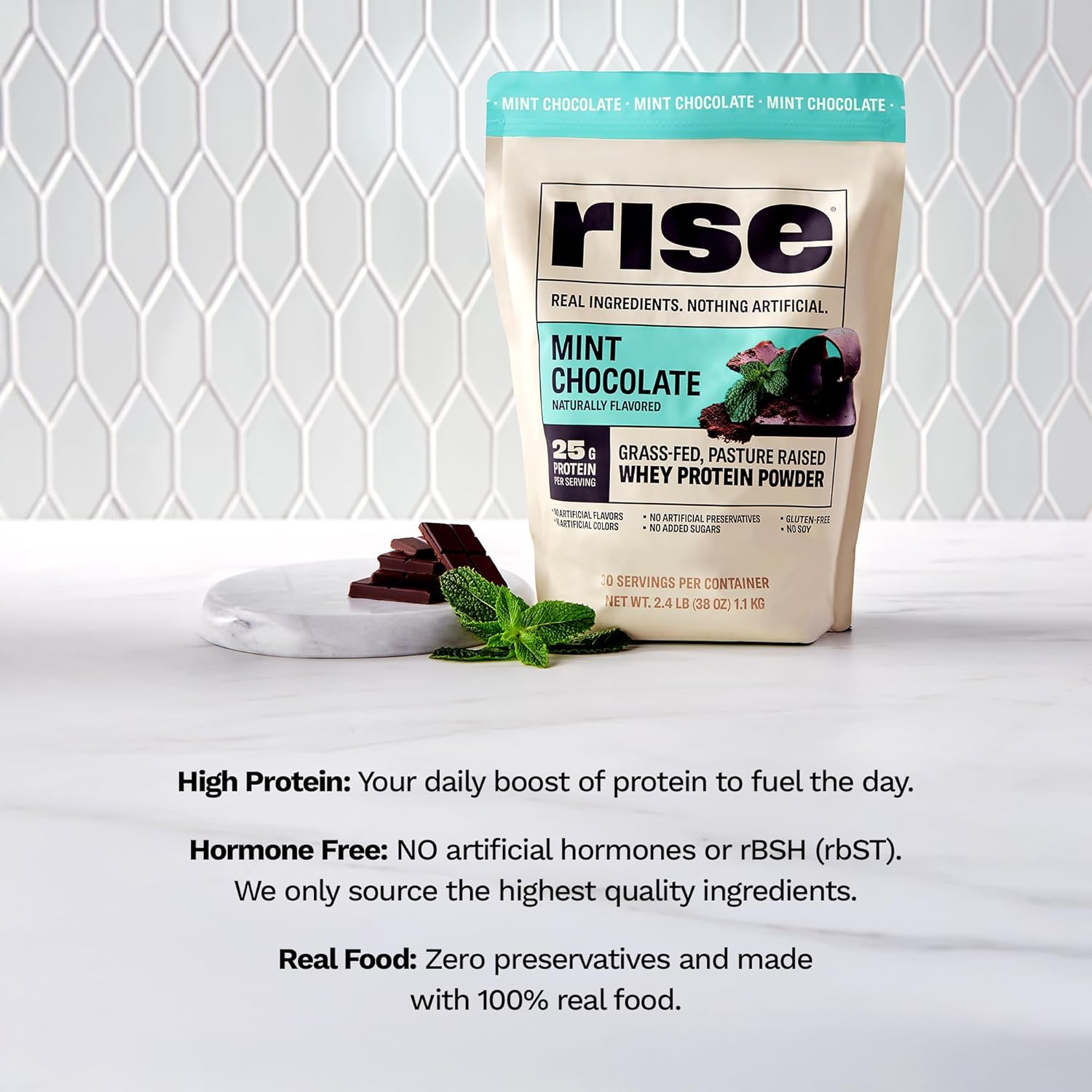 Rise Grass-Fed Whey Protein Powder - Mint Chocolate | 25g Protein No Artificial Flavors, Colors, or Preservatives - Sugar Free, Gluten-Free, Soy Free (Single Serving, 1 Pack)