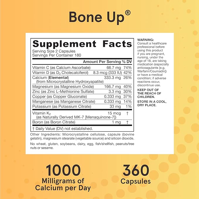 Jarrow Formulas BoneUp for Bone Density - Vitamin D3 and K2, Calcium Support, 360 Capsules, Promotes Skeletal Nutrition, Up to 60 Days Supply