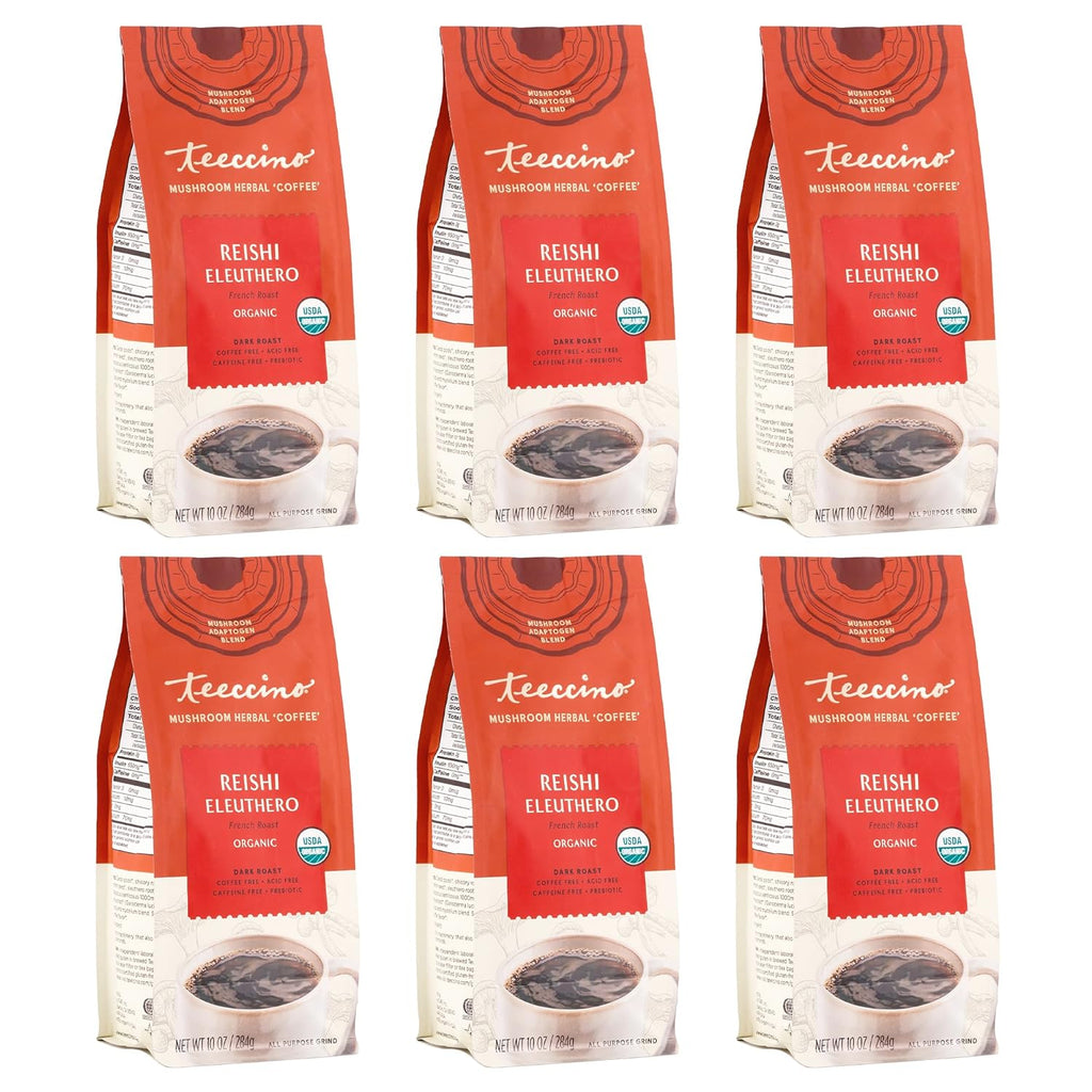 Teeccino Reishi Eleuthero Coffee Alternative - French Roast - Organic Adaptogenic Herbal Mushroom Coffee, Dark Roast, Caffeine Free, Prebiotic, Acid Free, All-Purpose Grind - 10 Oz (Pack of 6)