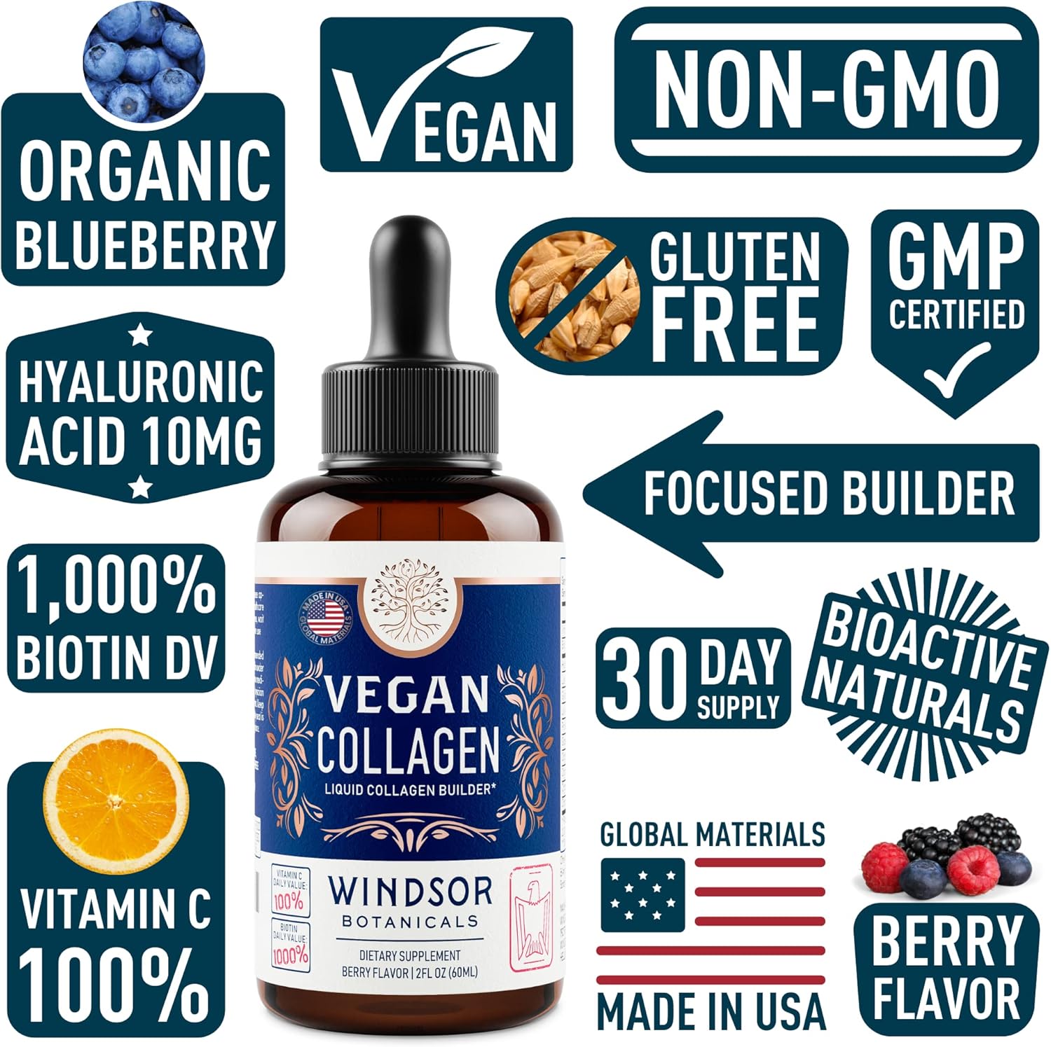 Vegan Collagen Builder Liquid Supplement - Collagen Booster with Vitamin C, Biotin, Hyaluronic Acid & Amino Acids - Organic Fruit & Vegetable Blend - 60ml, 30 Day