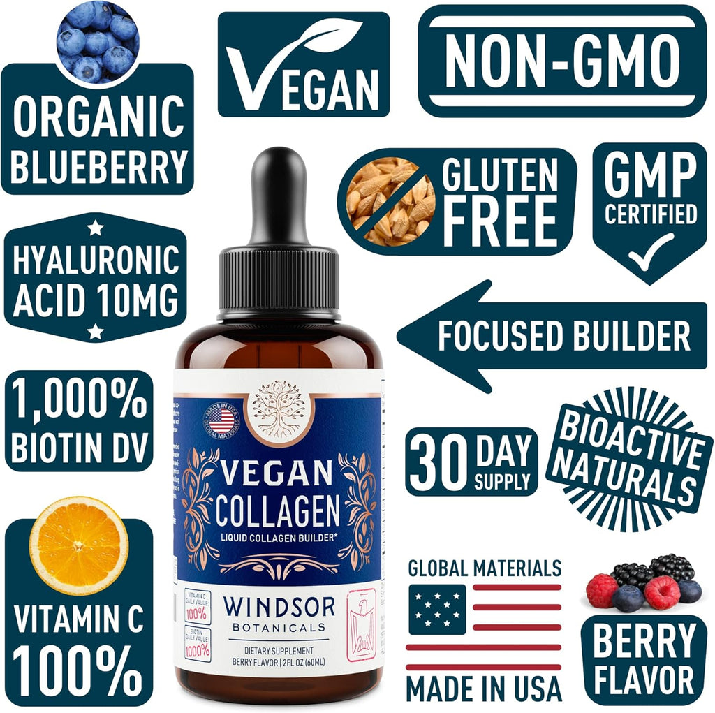 Vegan Collagen Builder Liquid Supplement - Collagen Booster with Vitamin C, Biotin, Hyaluronic Acid & Amino Acids - Organic Fruit & Vegetable Blend - 120ml, 60 Day