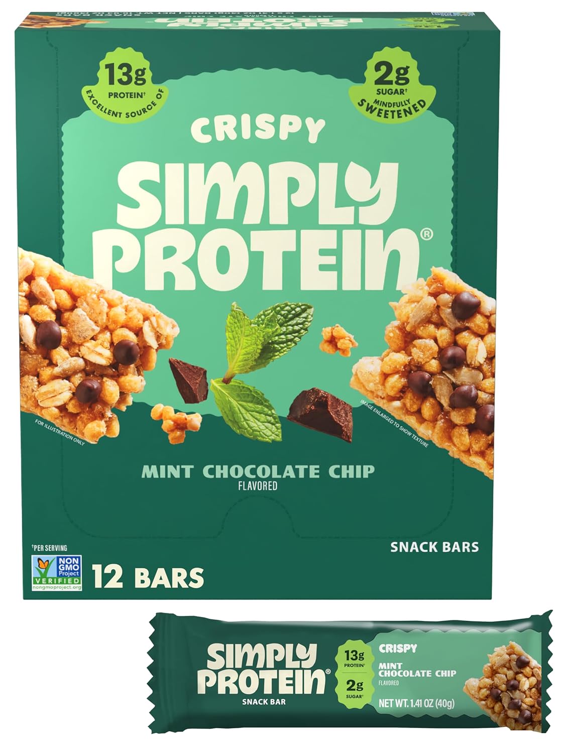 Simply Protein - Mint Chocolate Chip Crispy Bars - Plant Based Protein Bars - Low Carb, Low Sugar, High Fiber - 13g Protein, 2g Sugar, 7g Fiber - Vegan, Gluten Free, Non GMO, Kosher - 12 Bars