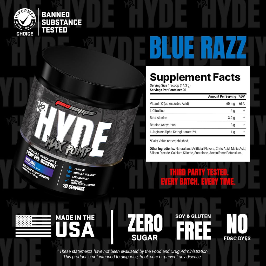 PROSUPPS Mr. Hyde Max Pump Pre Workout Powder - Stim-Free Preworkout Supports Blood Flow, Muscle Volume & Endurance - Caffeine-Free Nitric Oxide Gym & Fitness Supplements (Blue Razz, 20 Servings)