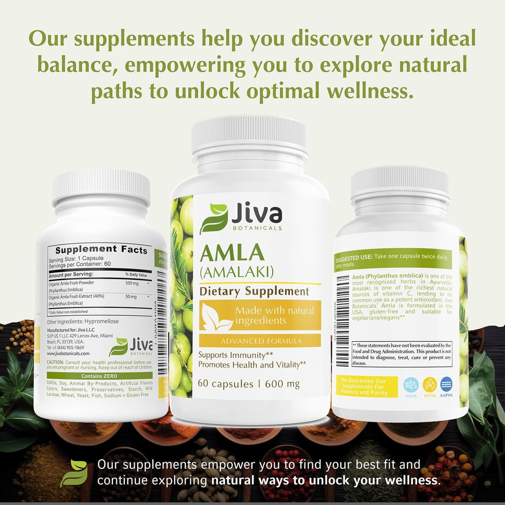 Jiva Botanicals Amla Capsules (Amalaki) - 60 Vegan Capsules - Amla Powder - Indian Gooseberry Supplement for Vitality