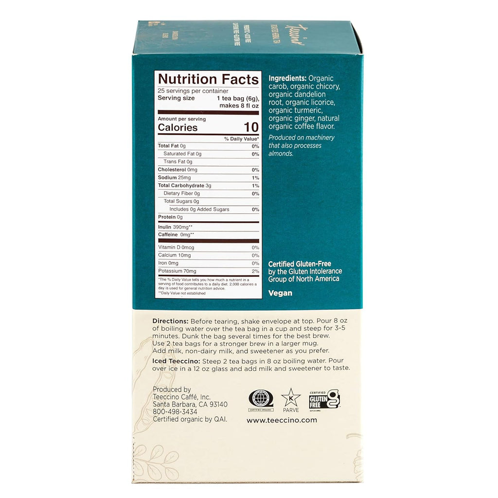 Teeccino Dandelion Turmeric Tea - Caffeine-Free, Organic, Roasted Herbal Tea with Prebiotics, 3x More Herbs than Regular Tea Bags, Gluten Free - 25 Tea Bags (Pack of 3)