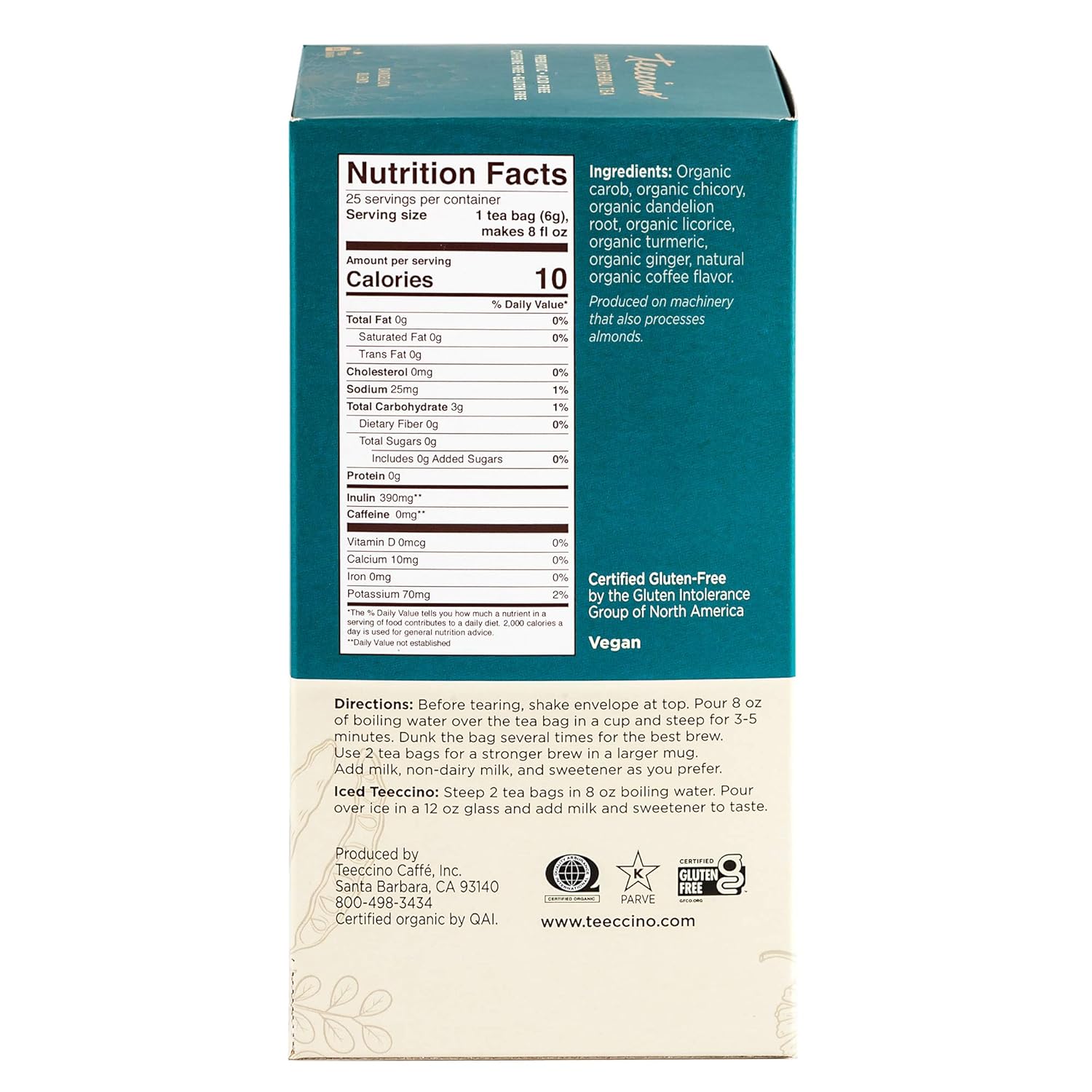 Teeccino Dandelion Turmeric Tea - Caffeine-Free, Organic, Roasted Herbal Tea with Prebiotics, 3x More Herbs than Regular Tea Bags, Gluten Free - 25 Tea Bags (Pack of 3)