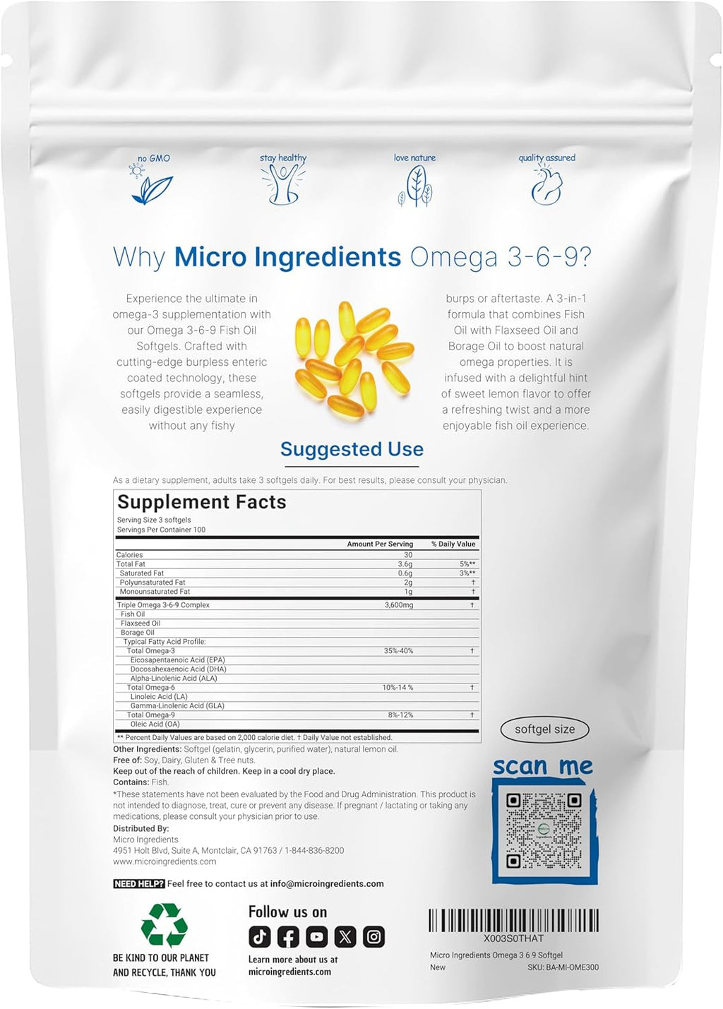 Ultra Omega 3-6-9 3600mg Per Serving, 300 Burpless Softgels | Lemon Flavor – Blend of Fish, Flaxseed, Borage Oils | Bioavailable Source, Non-GMO, No Gluten, Mercury Free