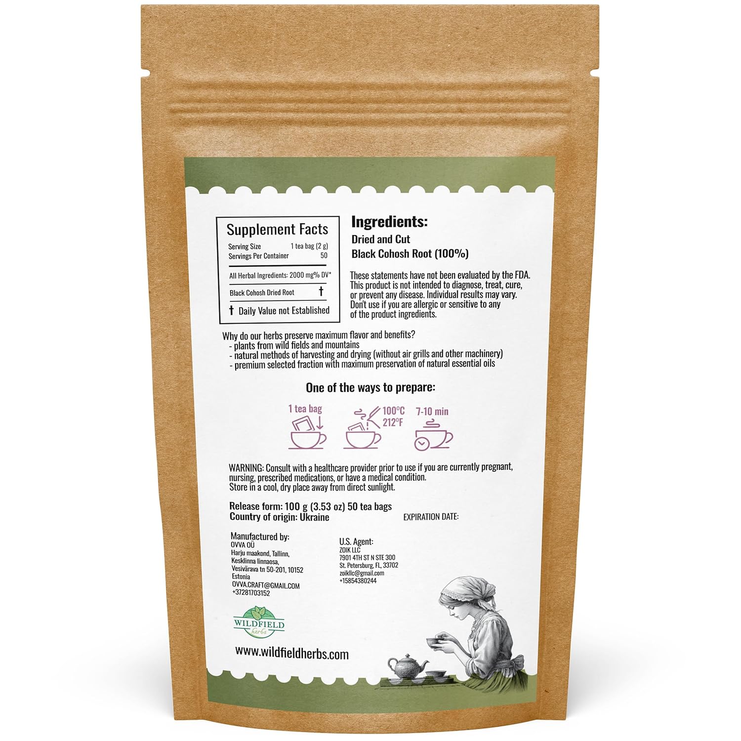 50 bags Black Cohosh Tea Black Cohosh Root Herbal Tea (Actaea racemosa) - 50 Count 2 g Tea Bags Herb Tea Cohosh