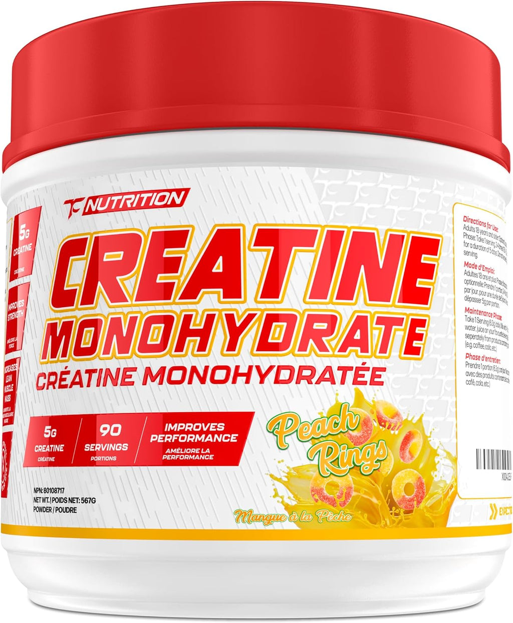 TC Nutrition Creatine Monohydrate Powder 90 Servings - 5g Per Serv of Creatine Powder for Increased Strength, Muscle Growth, Improved Endurance and Performance, Peach Rings