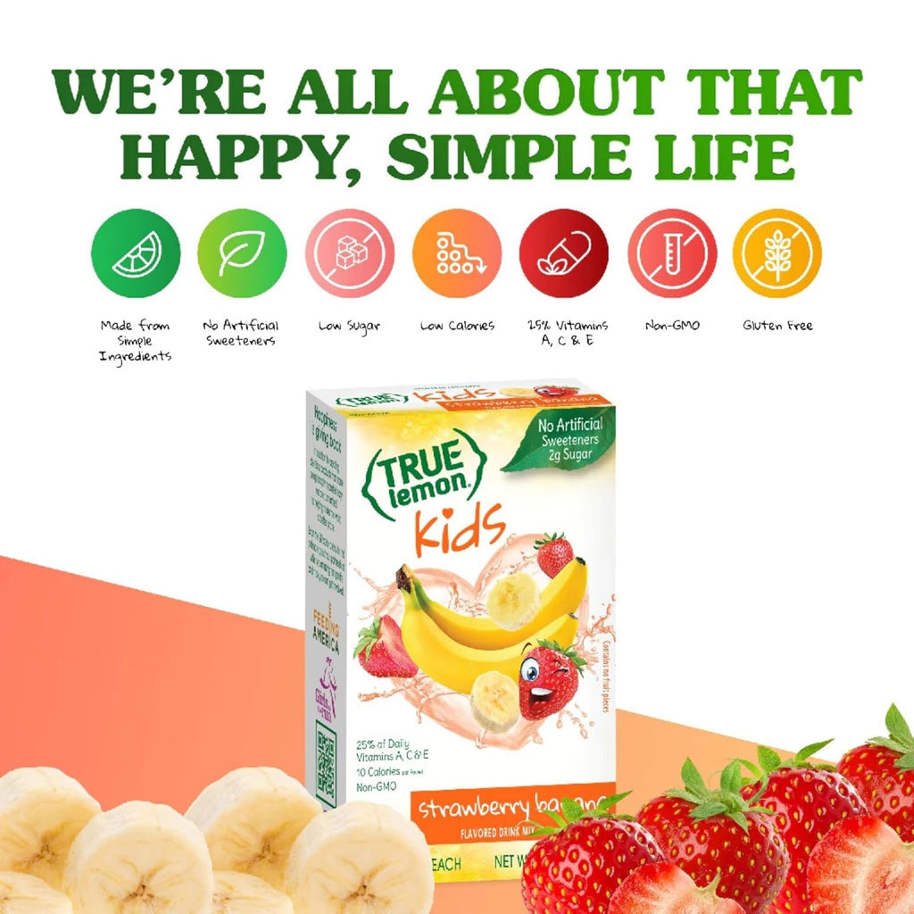 TRUE LEMON Strawberry Banana Kids Drink Mix (10 Packets) - No Preservatives or Artificial Flavors - Low Sugar Hydration Powder for Kids