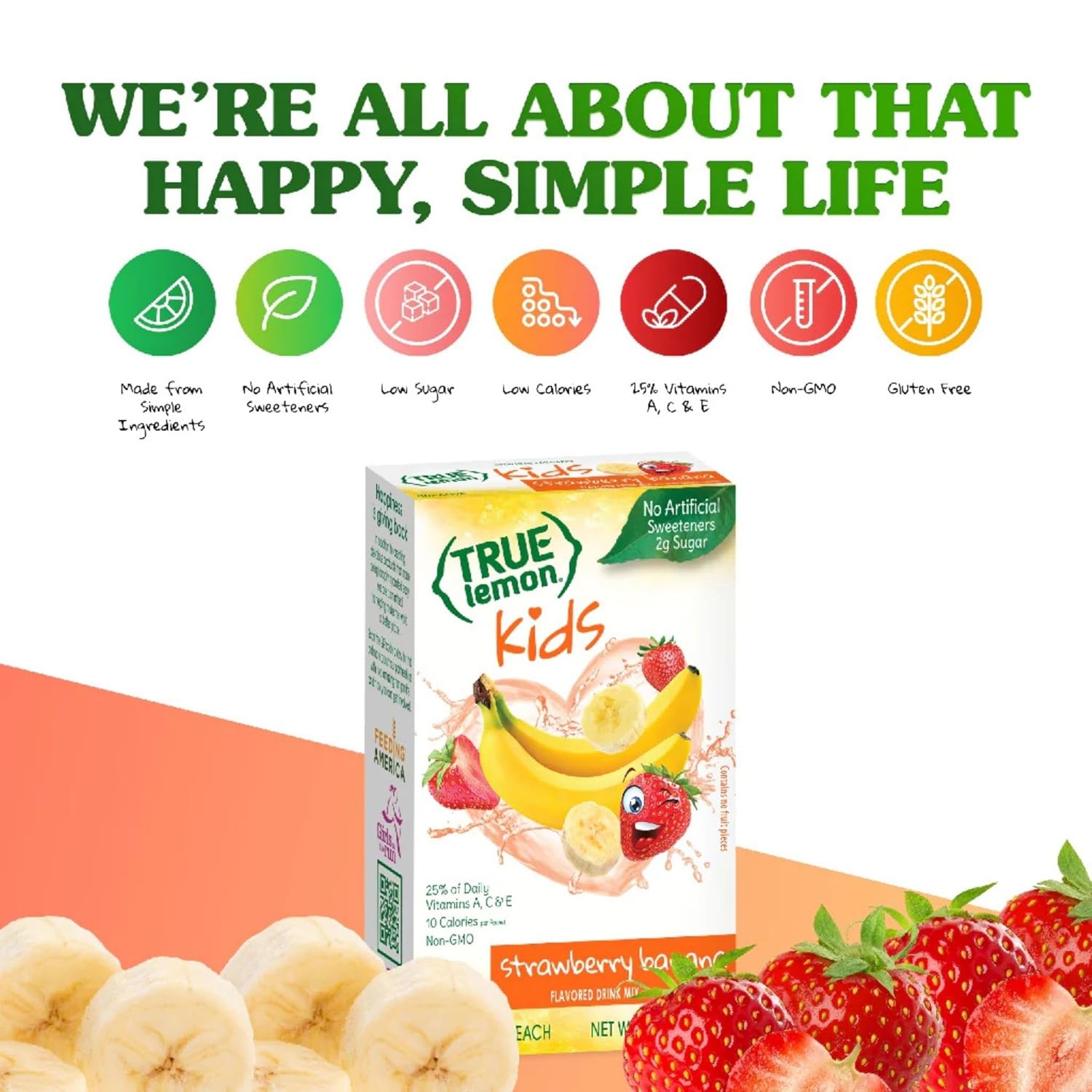 TRUE LEMON Strawberry Banana Kids Drink Mix (10 Packets) - No Preservatives or Artificial Flavors - Low Sugar Hydration Powder for Kids