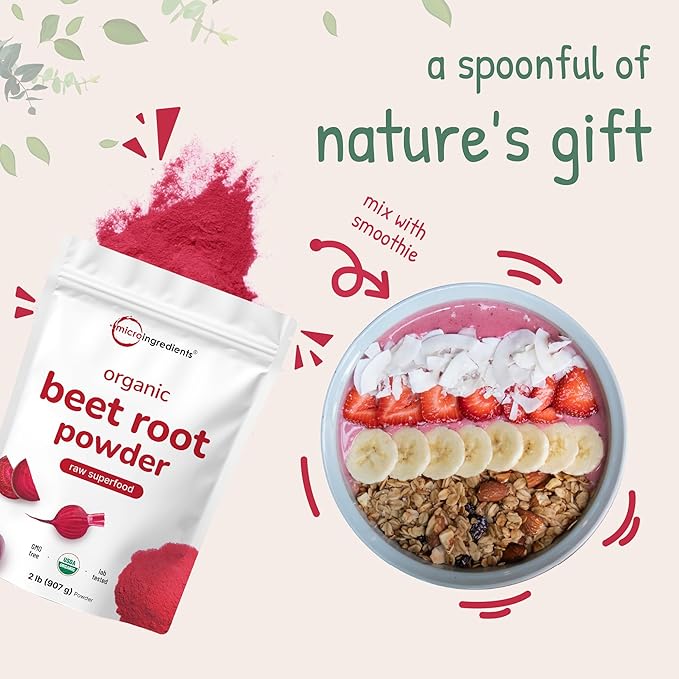 Micro Ingredients Organic Beet Root Powder, 2 Pounds | Cold Pressed, Water Soluble, High Concentrated Raw Beet Supplement | Superfood Drink Mix | Non-GMO, Vegan Friendly, Plant Based