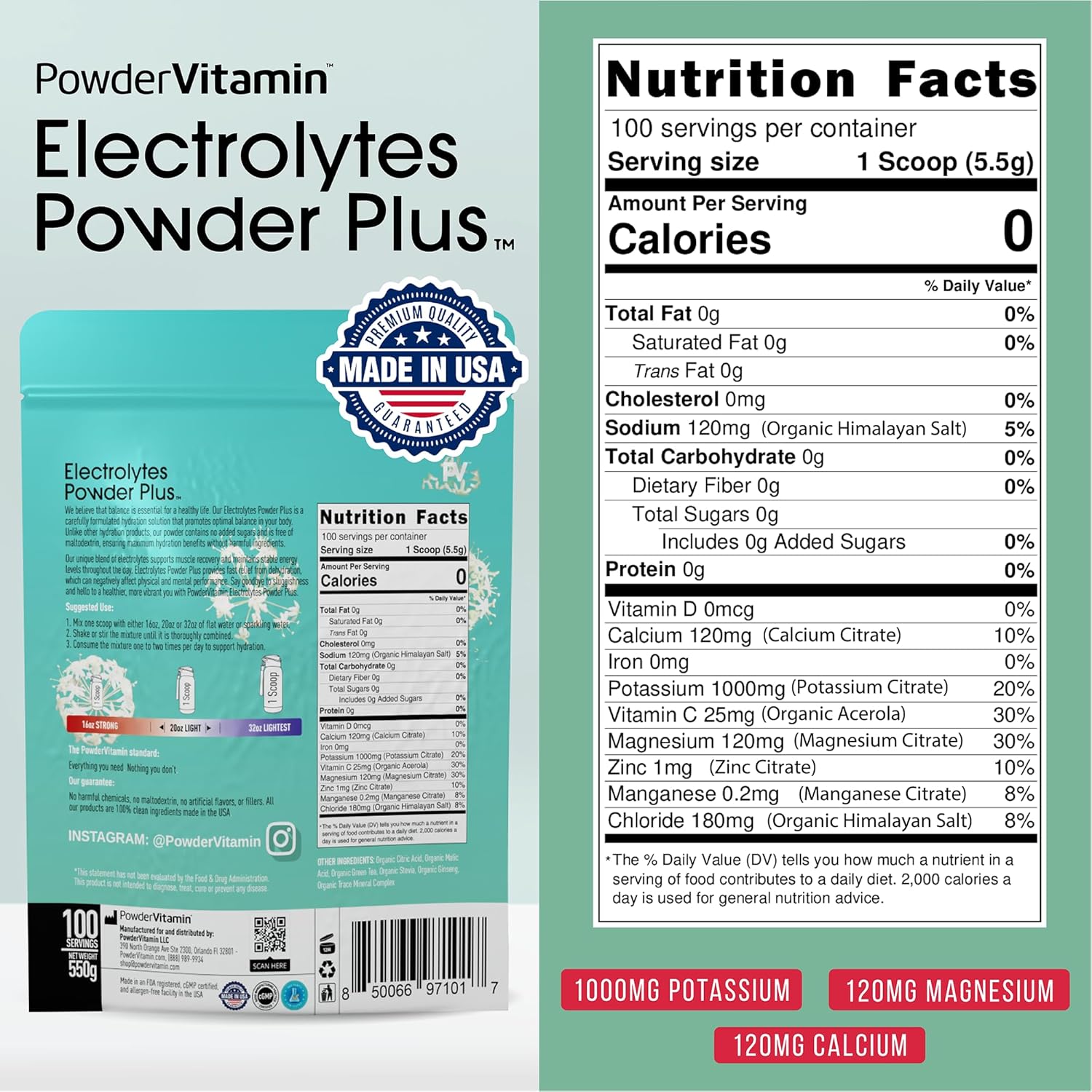 PowderVitamin Electrolytes Powder Plus (100 Servings) Green Tea Ginseng Electrolyte Powder Keto, Sugar Free, Pink Himalayan Salt,1000mg Potassium,150mg Calcium,150mg Magnesium, Hydration Powder