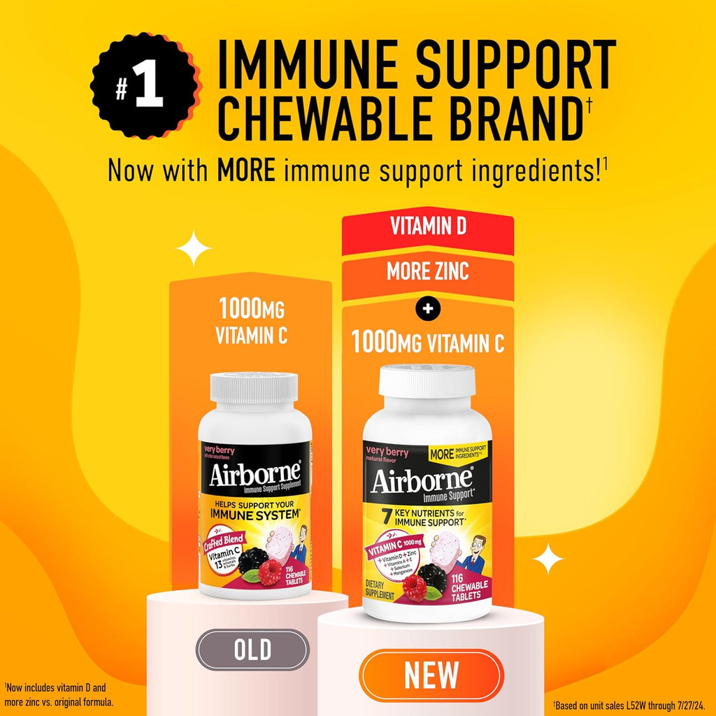 Airborne Vitamin C 1000mg (per Serving) - Very Berry Chewable Tablets (116 Count in a Bottle), Gluten-Free Immune Support Supplement, with Vitamins A C E, Zinc, Selenium, Ginger, Antioxidants