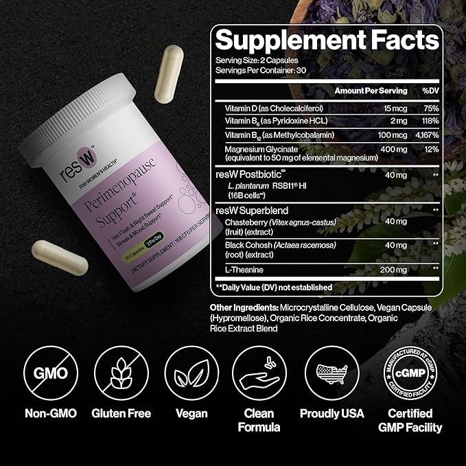 resW Perimenopause Postbiotic Supplement for Women - Hot Flash Support, Night Sweat Relief, Hormone Free, Vegan, Gluten Free, Non GMO, Plant Based Gut Health Support - 60 Capsules