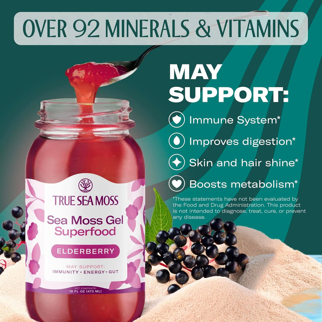 TrueSeaMoss Sea Moss Gel – Made in USA – Wildcrafted Seamoss, Fresh Fruits & Sea Vegetables – Elderberry, Pack of 2 (Labels may Vary)