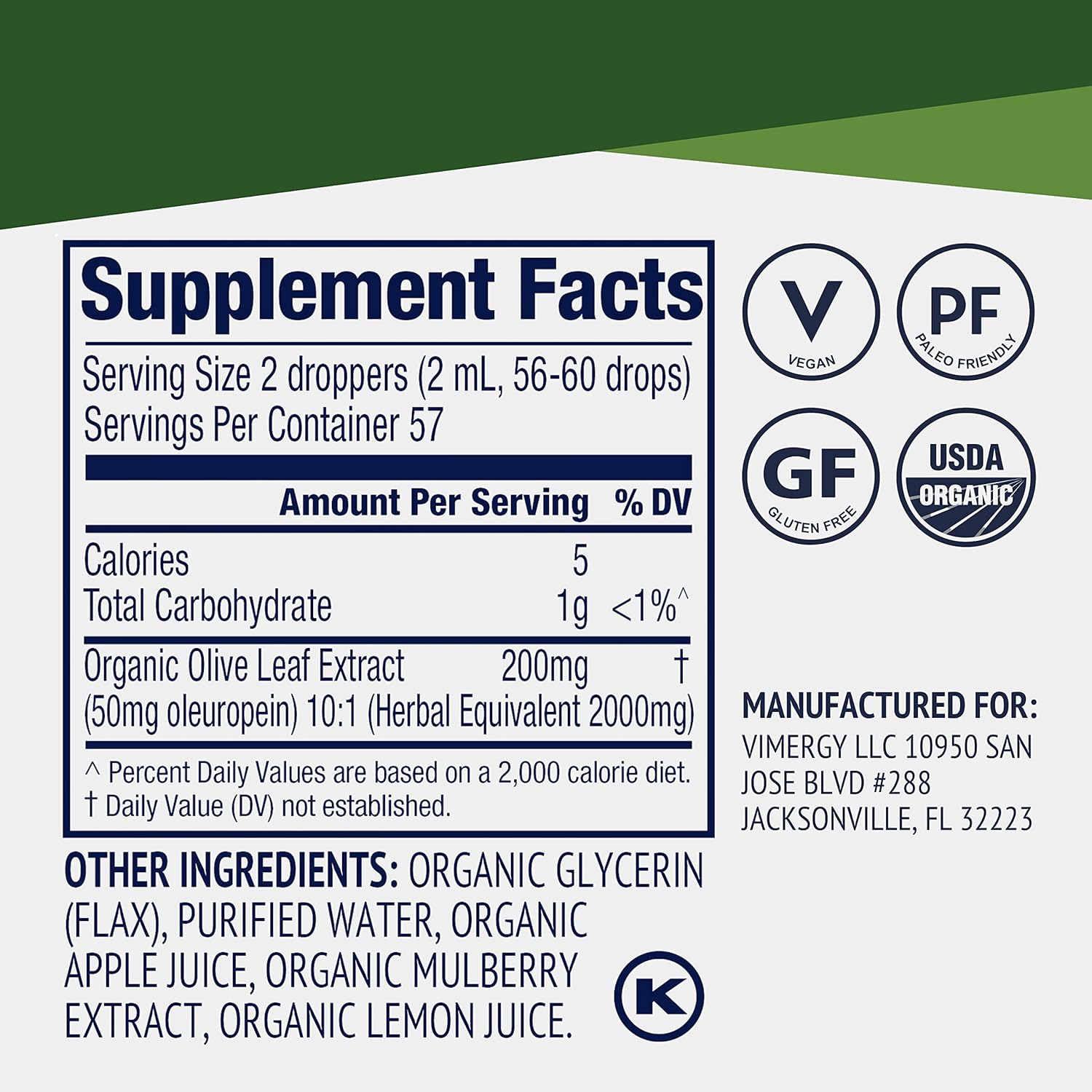 Vimergy Olive Leaf – Supports Immune Health* – Benefits Cardiovascular Function* – USDA Certified Organic, Vegan, Paleo-Friendly and Gluten-Free – 115 mL (57 Servings)