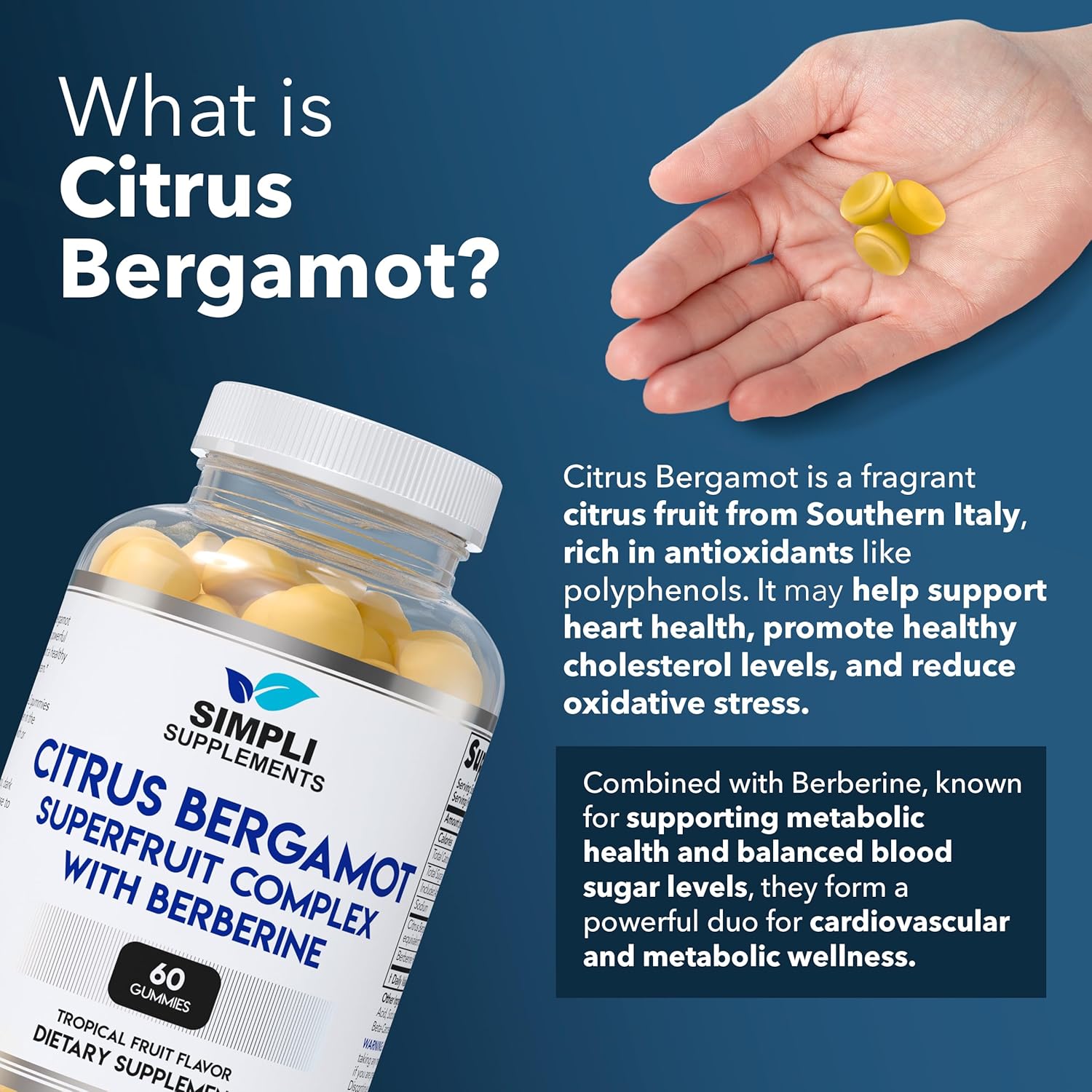 Citrus Bergamot Supplement for High Cholesterol | 60 Citrus Bergamot Gummies with Berberine for Heart Health | Italian Citrus Bergamot 500mg | Support Healthy Cholesterol Levels