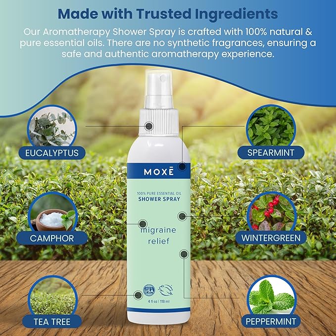 MOXE Migraine Relief Aromatherapy Shower Spray, Essential Oils for Headaches & Tension Relief, Natural 100% Essential Oils, Pure & Undiluted, Peppermint, Spearmint, Eucalyptus, Tea Tree, Made in USA …
