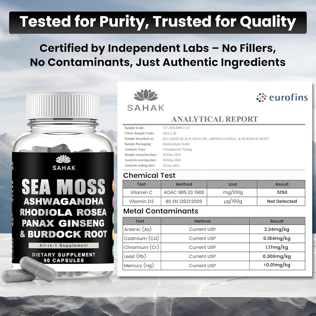 Sea Moss Capsules - Organic Irish Sea Moss with Ashwagandha, Rhodiola Rosea, Panax Ginseng, Burdock Root | Lab Tested | Immune Support, Energy, Cognition,for Women and Men - 90 Raw sea Moss Capsules
