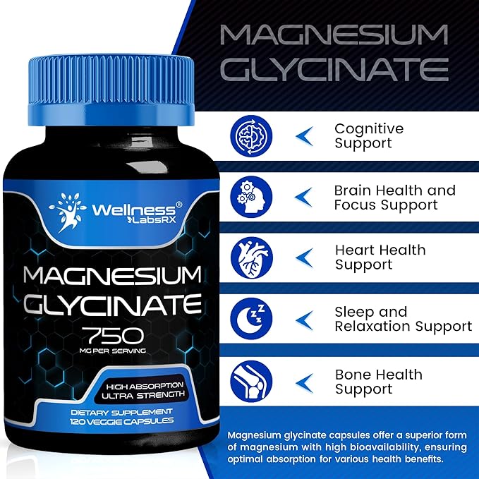 Magnesium Glycinate 750mg | High Absorption Chelated Calm Support for Women and Men - Glicinato De Magnesio, Magnesium Chelate Supplement for Heart Health, Sleep Support - 120 Count