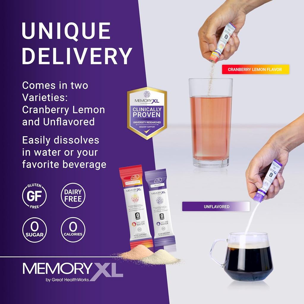 MemoryXL, Magnesium L-Threonate: Brain Supplement for Memory & Focus; Magtein®, Phosphatidylserine, Vitamin Mix. Improves Memory Focus Attention Learning & Logic. 0 Sugar, 0 Cal, 30pk Cranberry Lemon