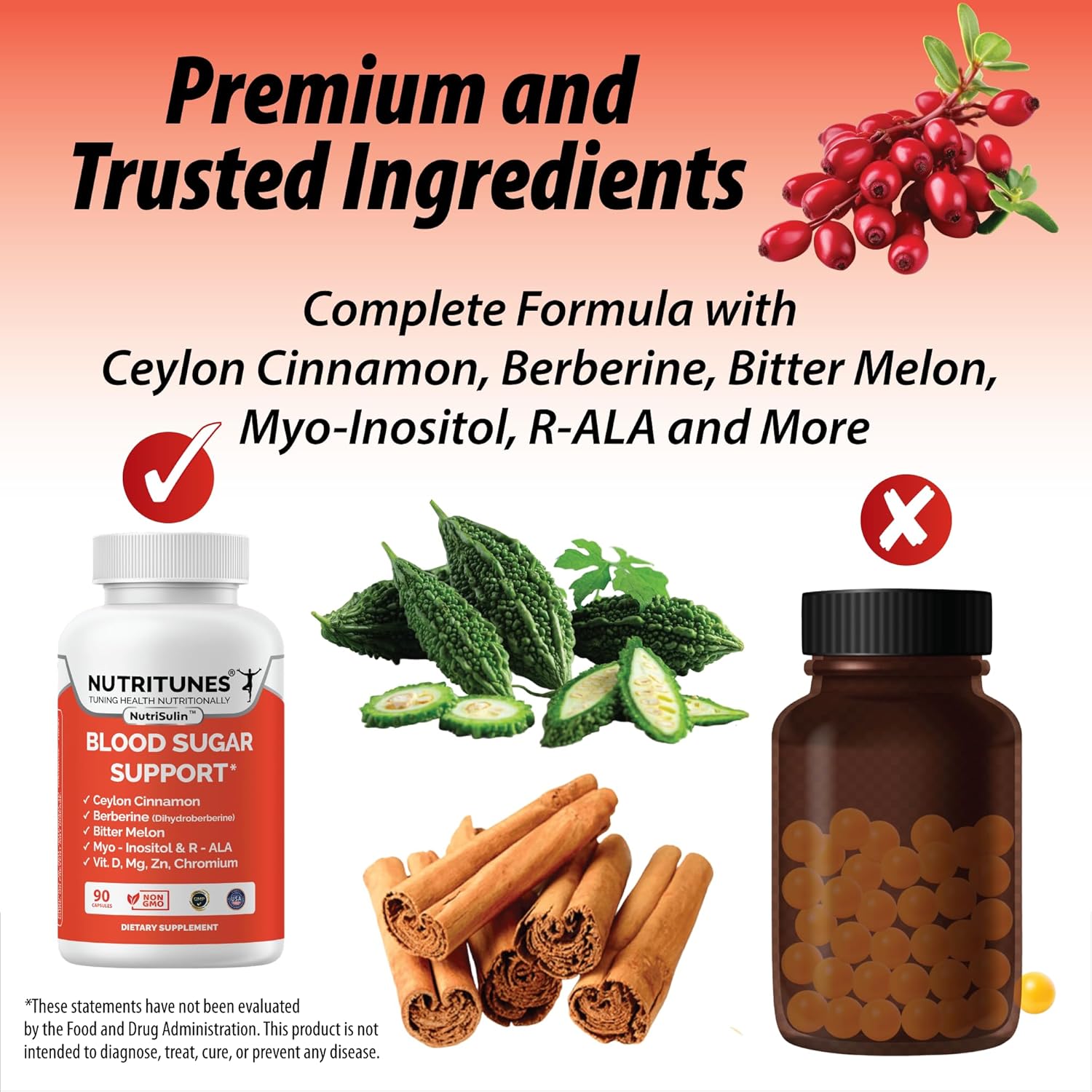 Blood Sugar Complex with Berberine (Dihydroberberine) Ceylon Cinnamon Bitter Melon Myo-Inositol R-ALA Vit. D Chromium Magnesium & Zn–Supports Healthy Sugar Metabolism–90 NutriSulin Supplement Capsules