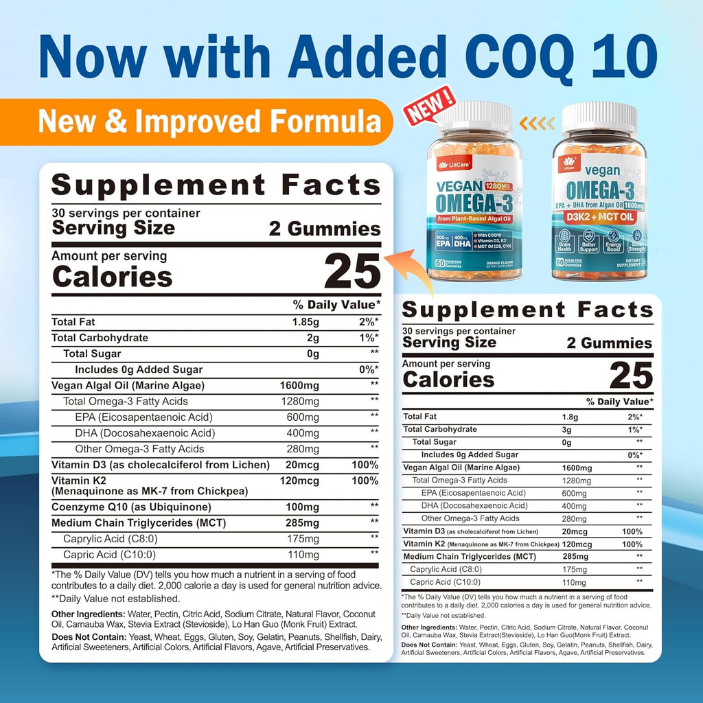 Vegan Omega-3 Gummies 1280mg + COQ10+ Vitamin D3 K2 (MK7), Omega 3 Fish Oil Alternative for Adults w/EPA 600mg & DHA 400mg & MCT Oil, No Fish Taste from Marine Algae, for Brain, Eye, Immunity, 2 Pack