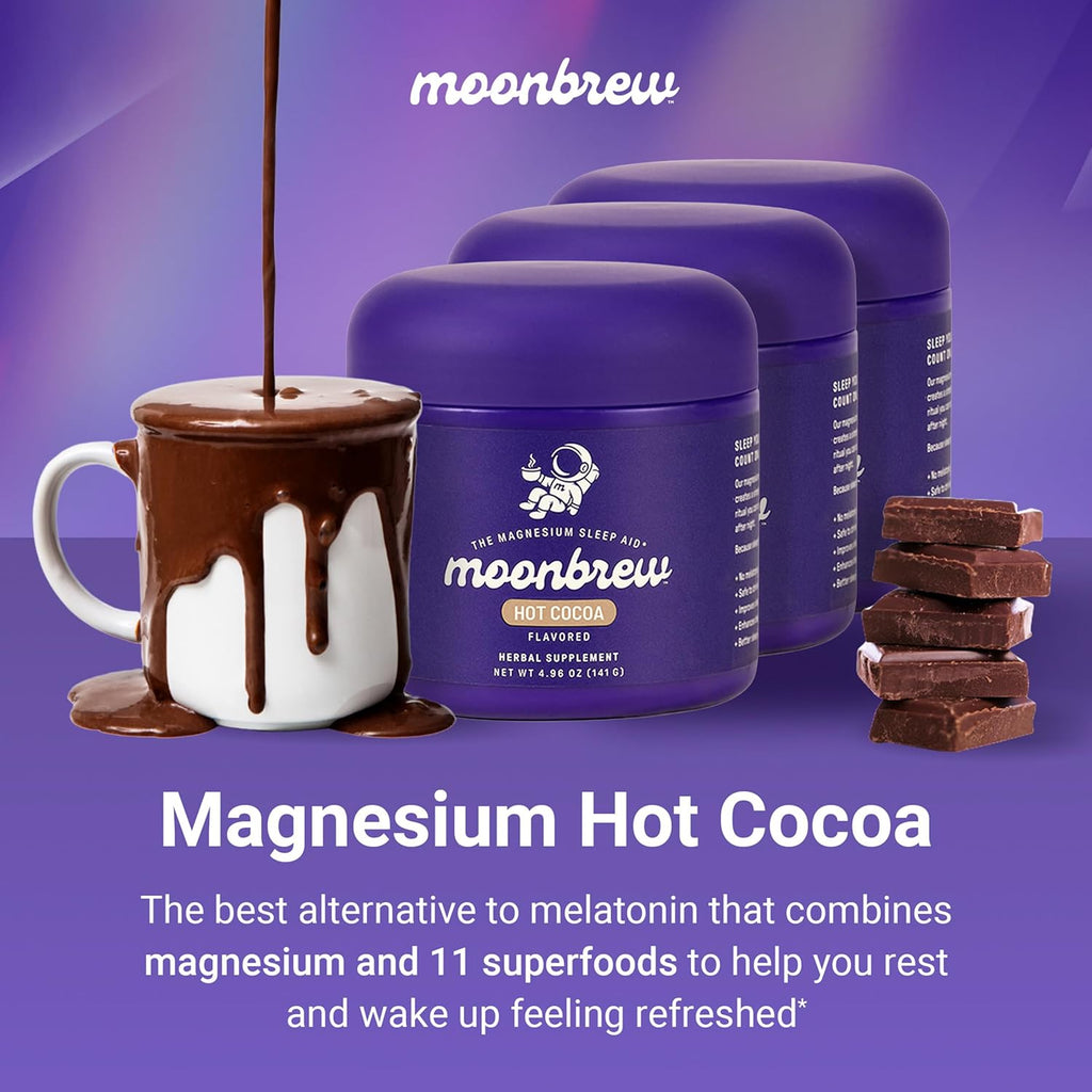 MoonBrew Nighttime Magnesium Hot Cocoa, Natural Sleep Aid Drink Mix for Adults, 3-Pack - Calming Melatonin-Free Sleep Support - Sleepy Hot Chocolate Powder with L-Theanine, Chamomile & Zinc Glycinate