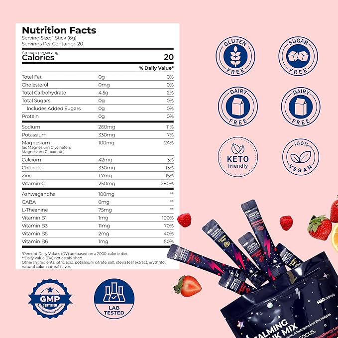 Calm Magnesium Glycinate Powdered Drink Mix with Electrolytes –Sugar Free with Ashwagandha, L-Theanine, Vitamin B6 &GABA – Cortisol Support, Stress Relief, Hydration & Focus - 20 servings (Strawberry)