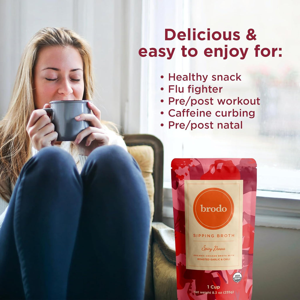 Brodo Spicy Nonna Roasted Garlic & Chili Chicken Broth Nutrient Dense, Chef Crafted Bone Broth in Single Serving Pouches Not Made From Concentrate, No Preservatives (6x 8.3oz Pouches)