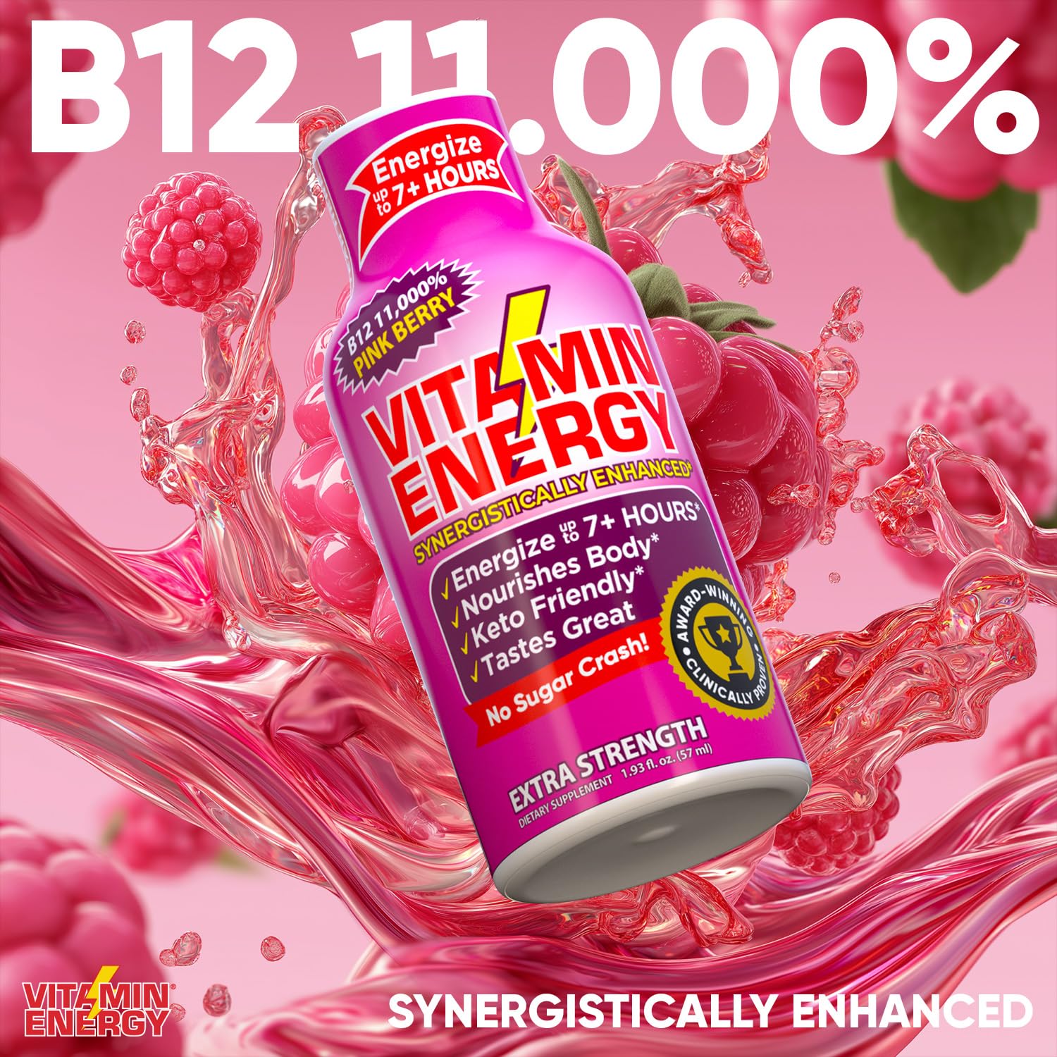 Vitamin Energy B12 11,000% Extra Strength Energy Shot Pink Berry 24 Pack, 260mg Natural Caffeine, B12 & B6, Nootropic Focus, Vitality, Zero Sugar, Gluten-Free, Vegan, Kosher, 1.93 fl oz