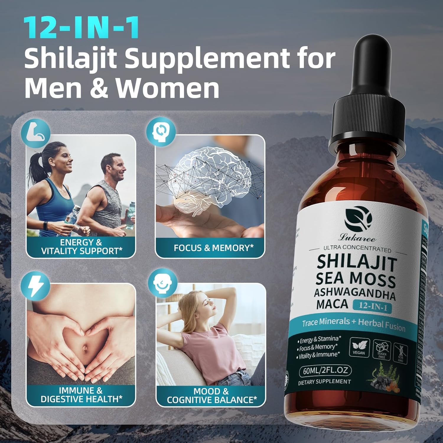 Shilajit Liquid Drops with Sea Moss, Ashwagandha, Maca, Fulvic Acid, Trace Minerals, 12-in-1 Liquid Vitamins Supplement for Men and Women, Energy, Antioxidant, Immune Support, 1 FL Oz