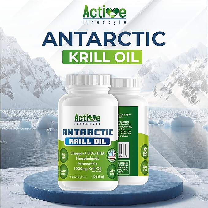Active Lifestyle Antarctic Krill Oil Supplement, High Absorption EPA, DHA, Astaxanthin & Phospholipid, Red Krill, GMO Free, Gluten Free, Soy Free, Dairy Free, Lab Tested, Made in USA